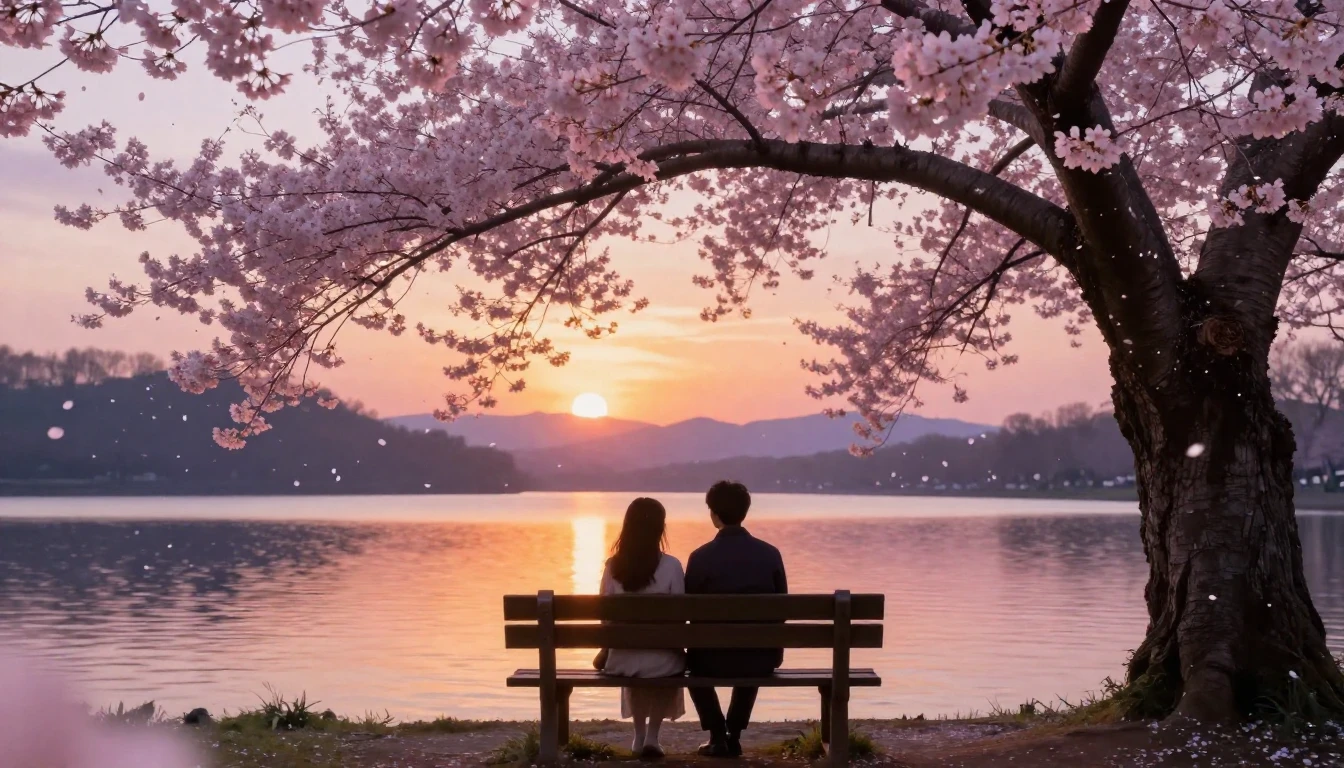 A dreamy and romantic scene of two silhouettes sitting toget...