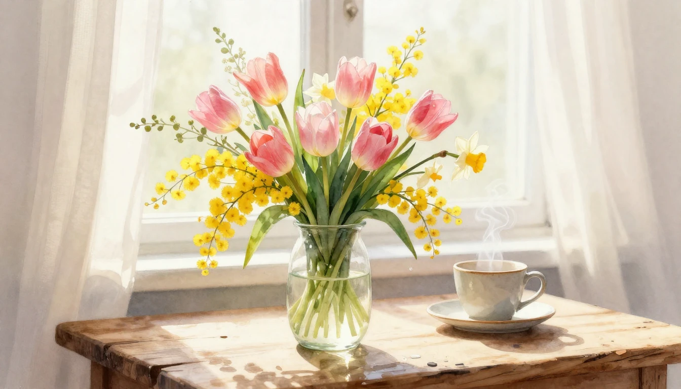 A delicate watercolor painting of a beautiful bouquet of spr...