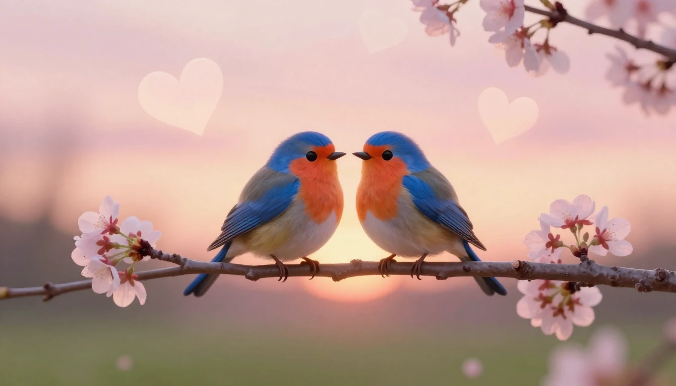 Two stylized birds sitting close together on a blossoming ch...