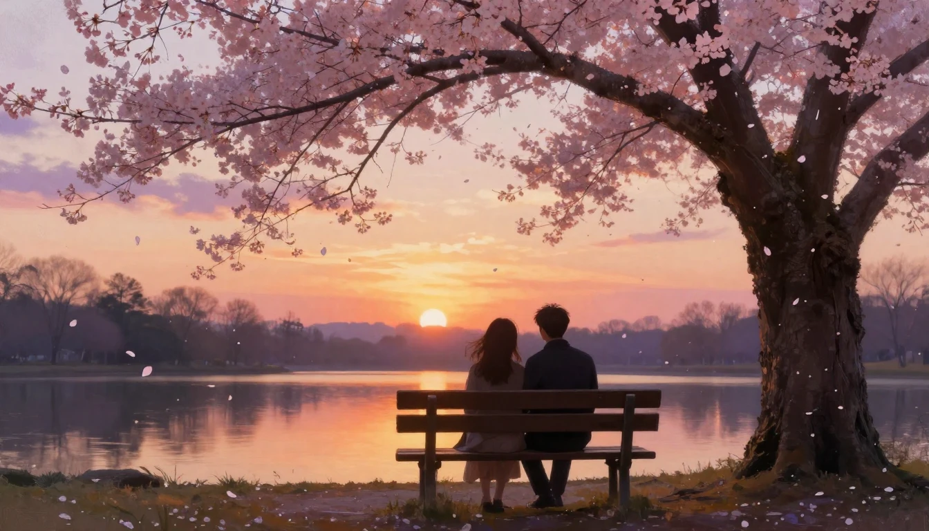 A romantic and serene scene of two silhouettes sitting close...