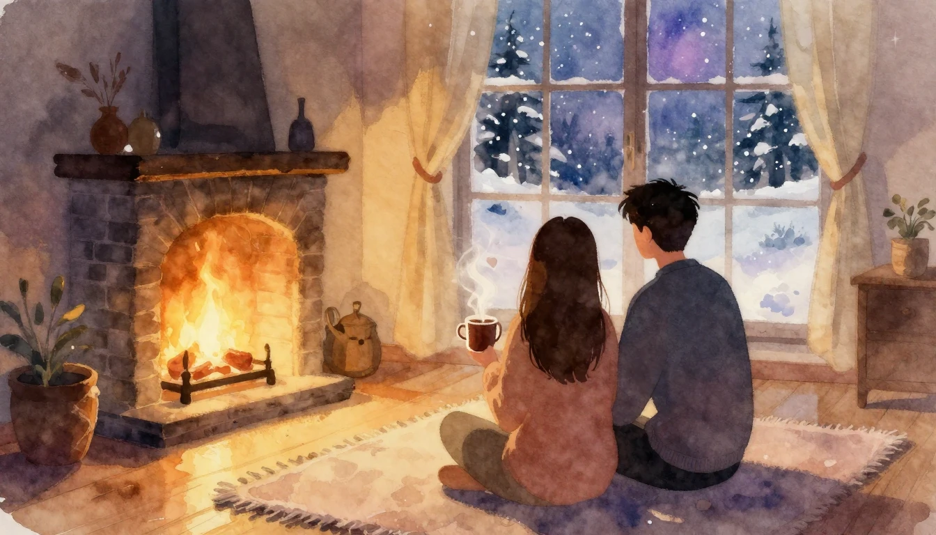 A romantic watercolor illustration depicting a cozy and inti...