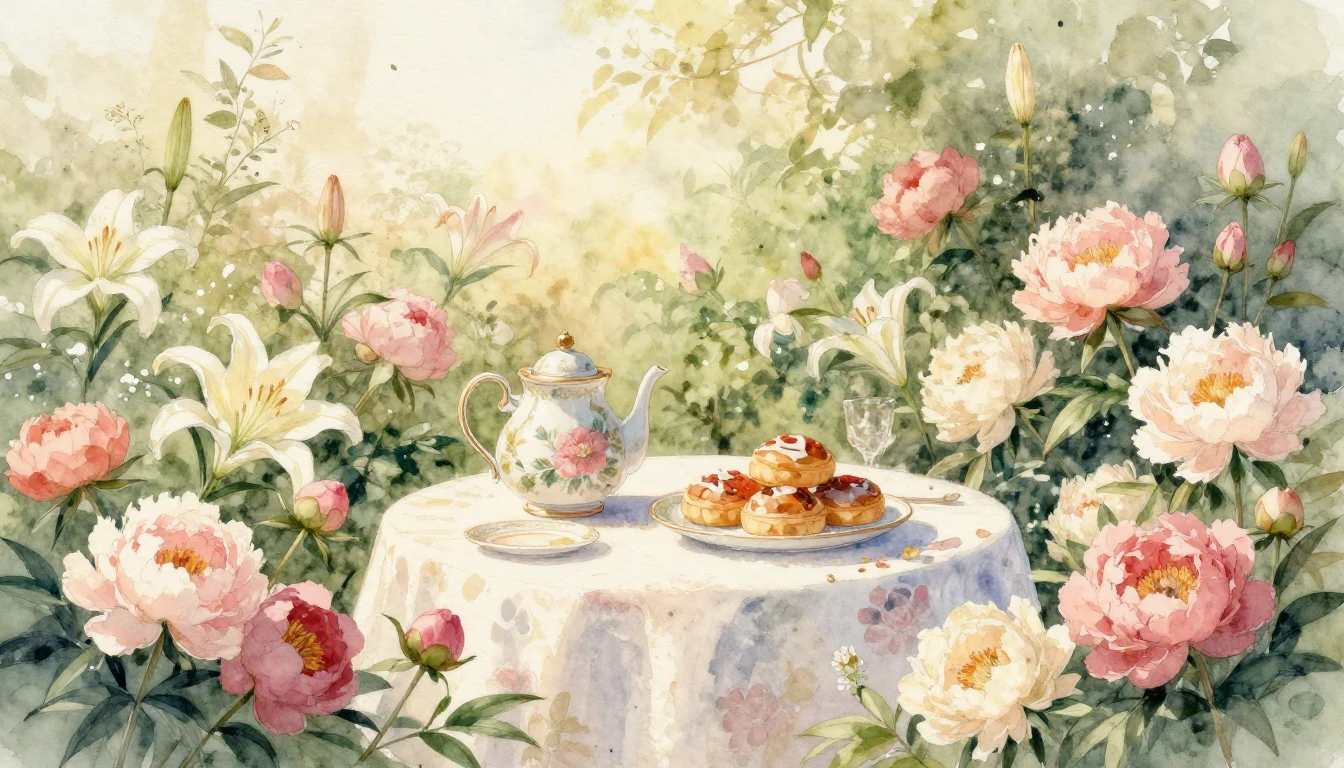 A heartwarming watercolor painting of a sunlit garden filled...