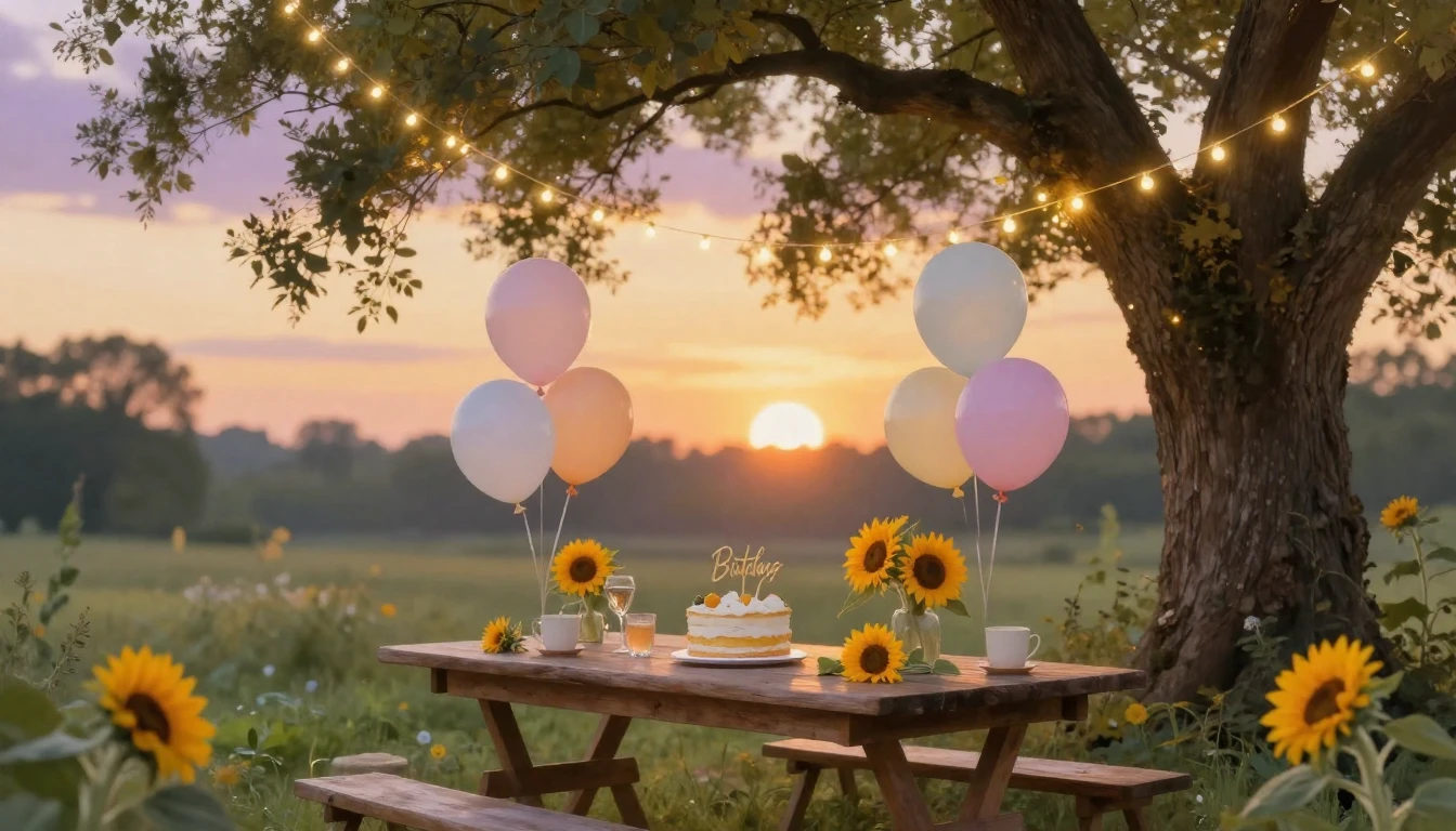 A serene and heartwarming birthday scene in a lush garden du...