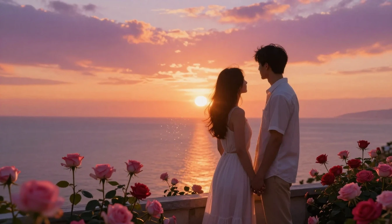 A romantic and dreamy scene of a couple standing on a terrac...