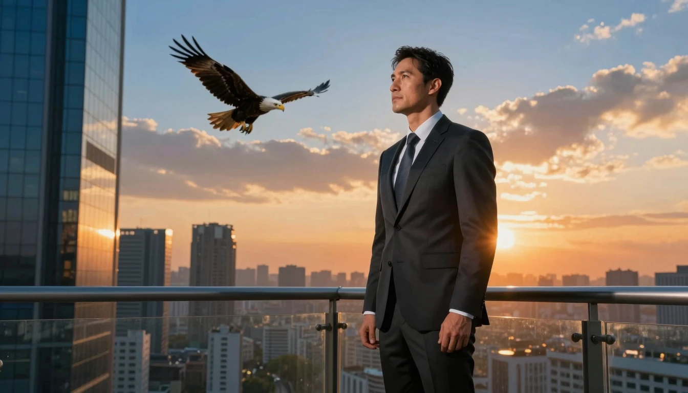 A cinematic wide shot of a successful, confident man standin...