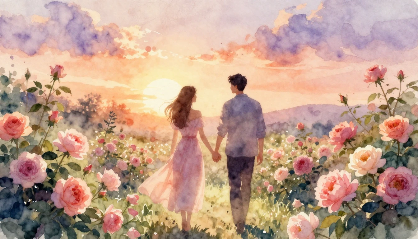 A dreamy and romantic watercolor painting of two silhouettes...
