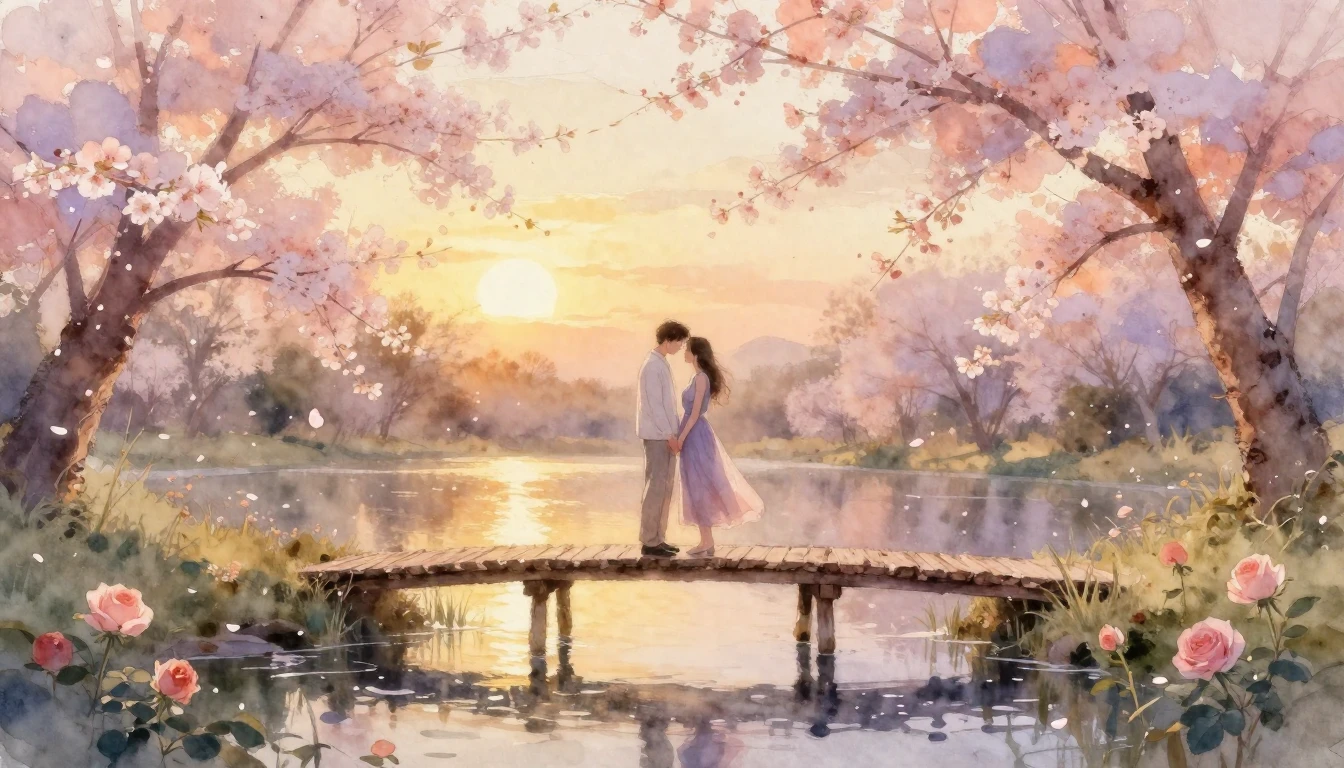 A soft and ethereal watercolor painting depicting a couple s...