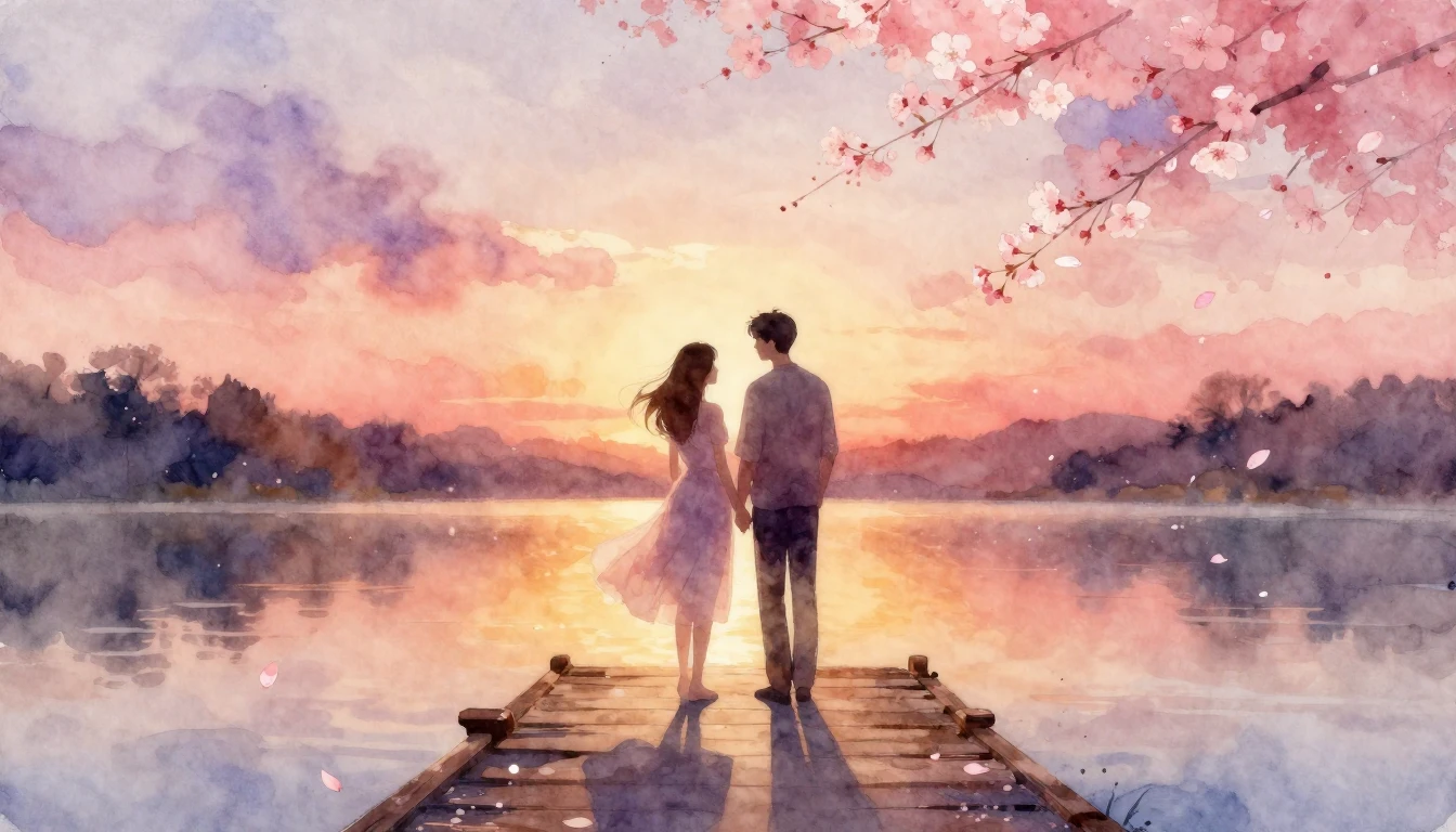 A romantic and ethereal watercolor painting depicting two so...