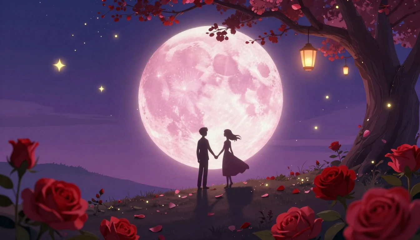 A romantic and whimsical illustration featuring two silhouet...
