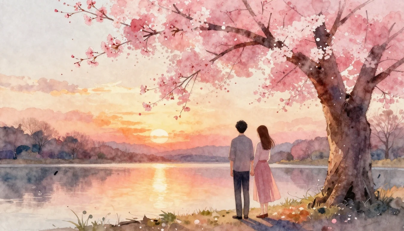 A romantic and soft watercolor painting of a couple standing...
