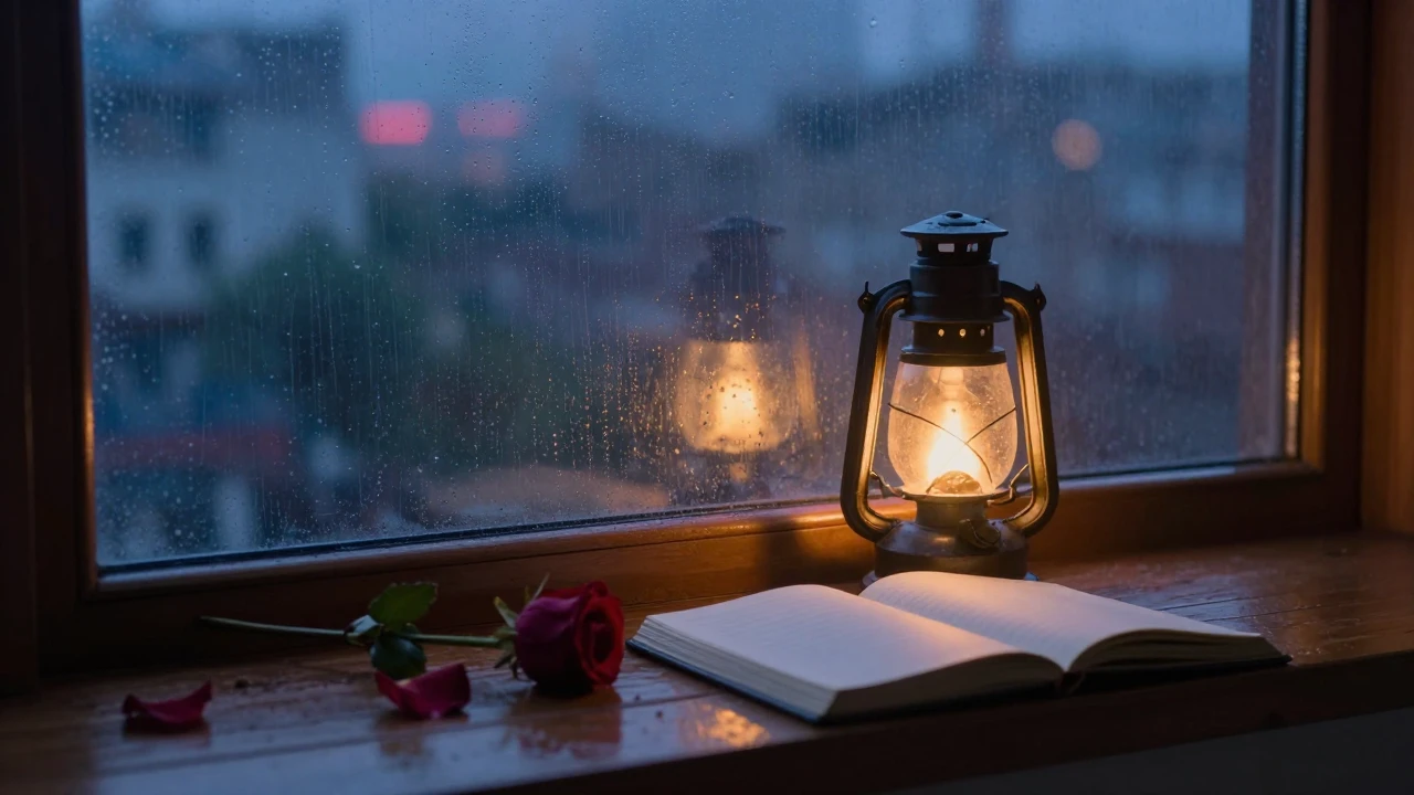 A solitary glowing lantern resting on a wooden windowsill ov...