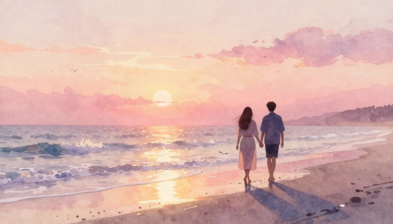A romantic and ethereal watercolor painting of two silhouett...