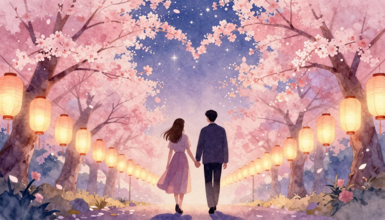A romantic watercolor painting featuring two silhouettes hol...