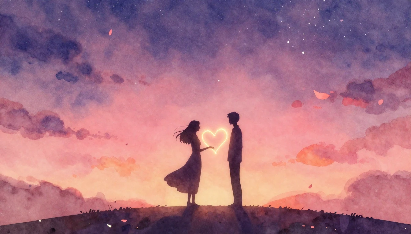 A soft and romantic scene depicting two silhouettes standing...