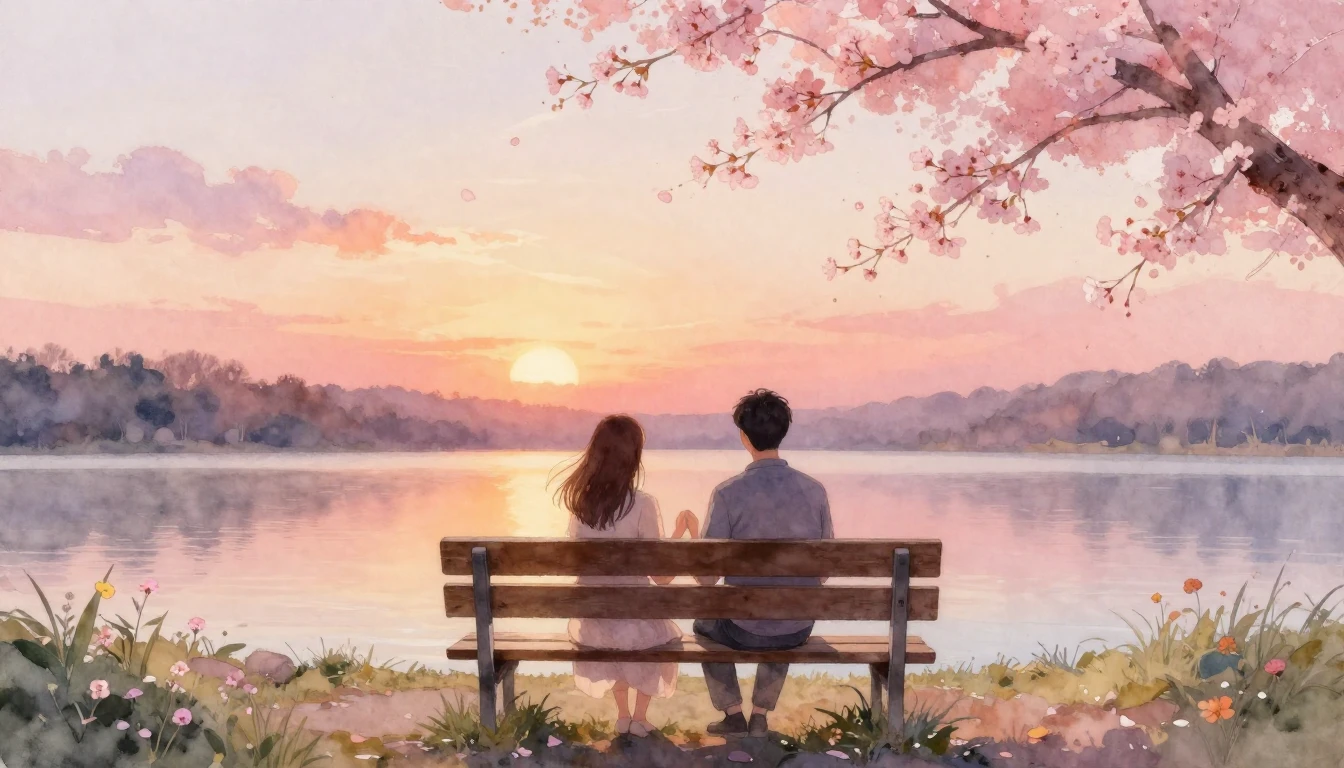 A romantic and ethereal watercolor painting of a couple sitt...