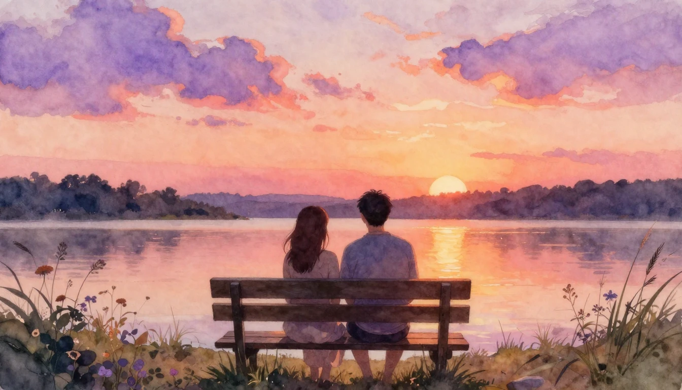 A soft and romantic watercolor painting of two people sittin...