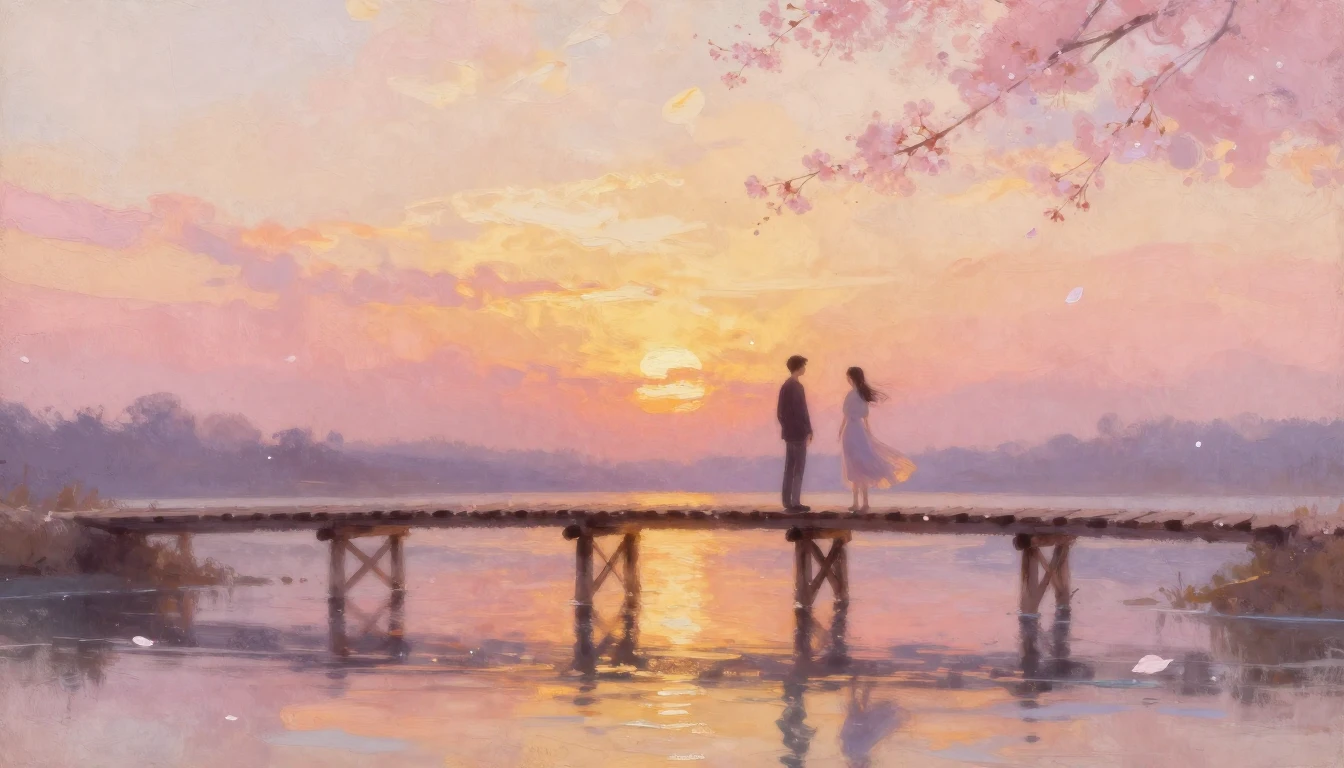A dreamy and ethereal painting depicting two people silhouet...