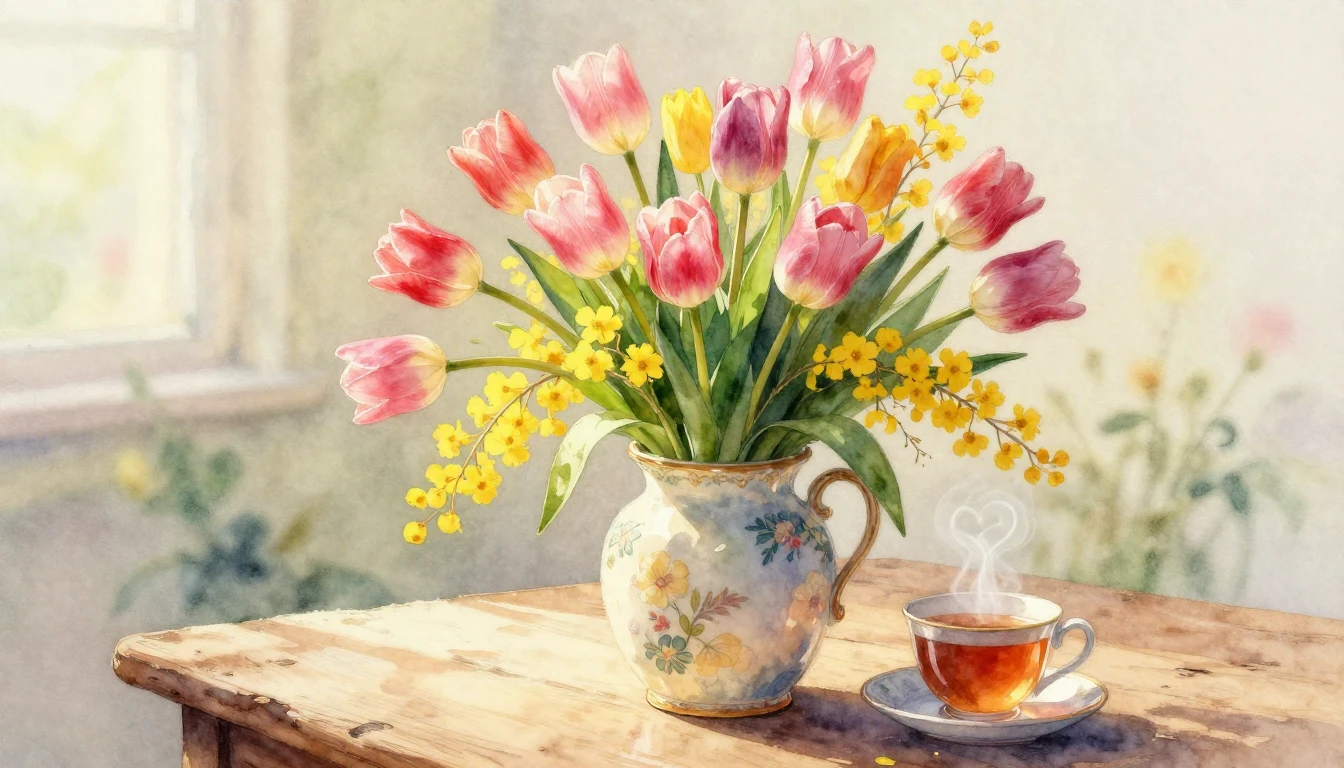 Soft watercolor painting of a lush bouquet of spring tulips ...