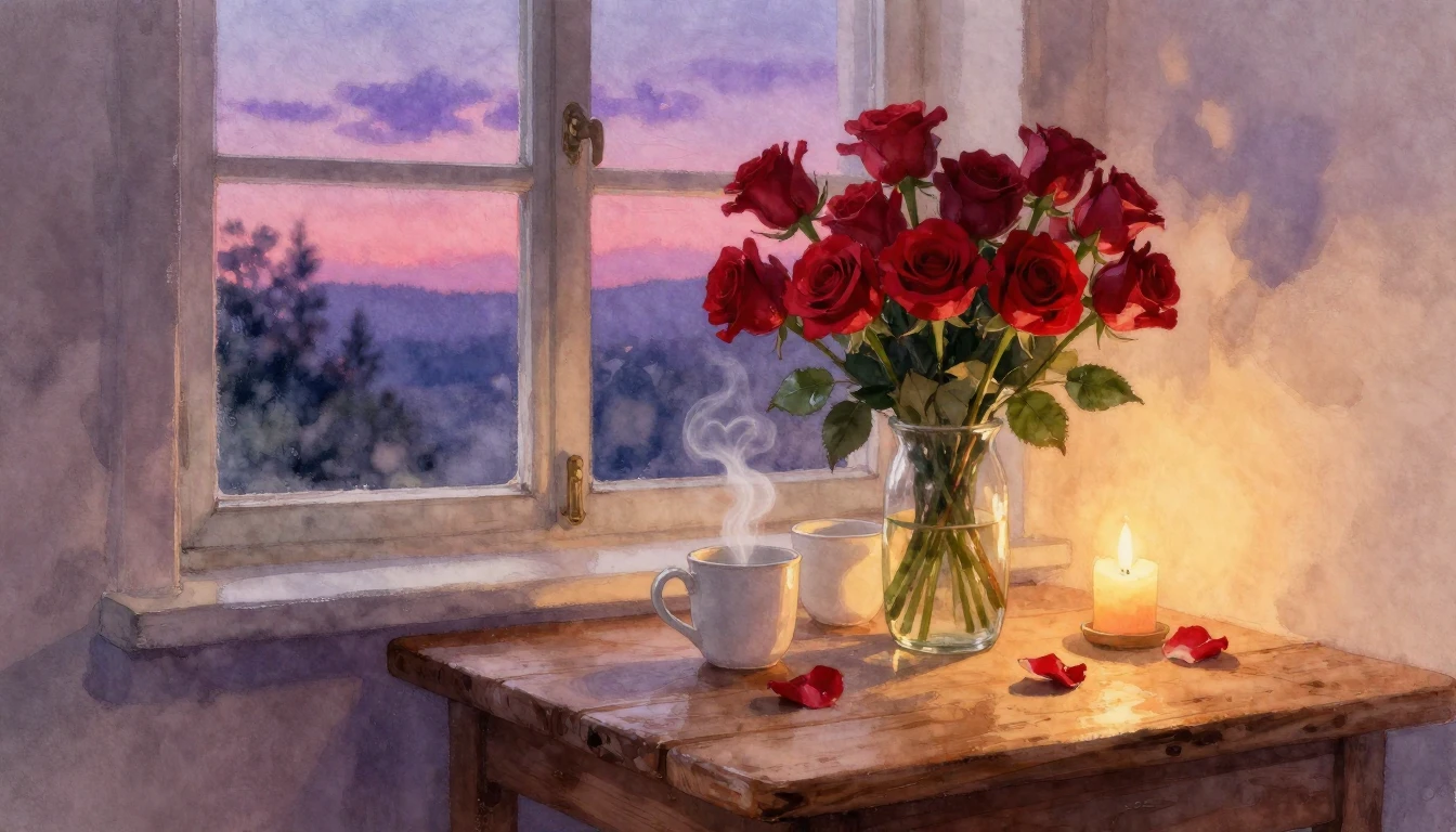 A soft and dreamy watercolor painting depicting a romantic e...