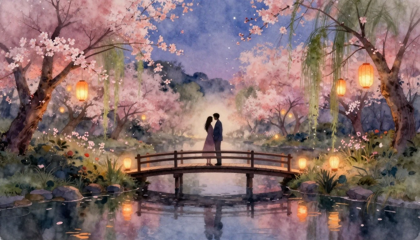 A dreamlike and romantic scene in a soft watercolor style. T...