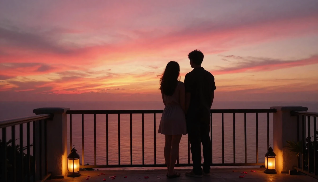 A romantic and intimate scene of two silhouettes standing on...
