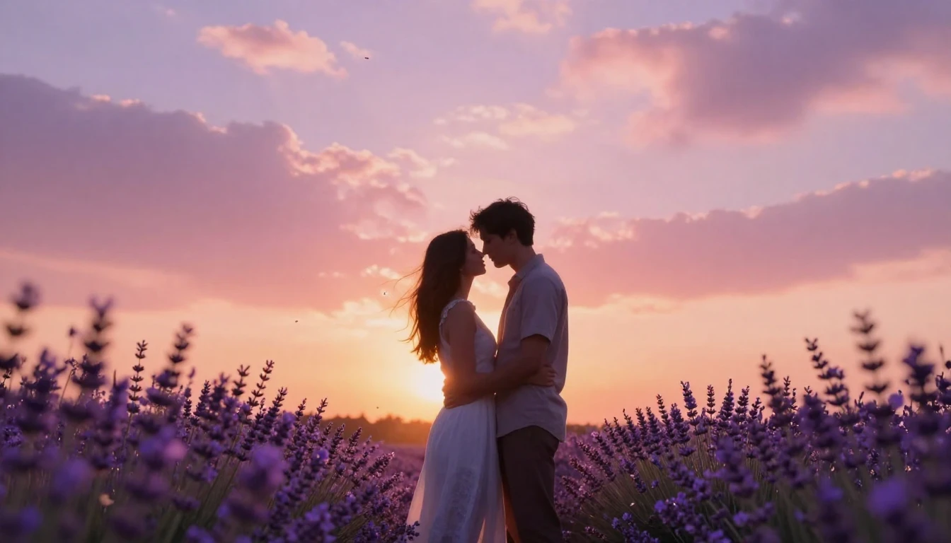 A romantic and ethereal scene featuring two silhouettes of a...