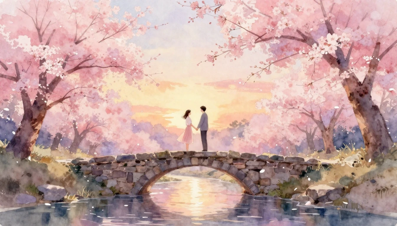 A romantic and ethereal watercolor painting of a couple stan...