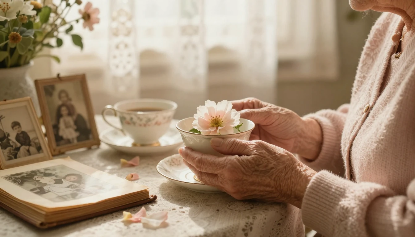A heartwarming scene of an elderly woman's hands gently hold...