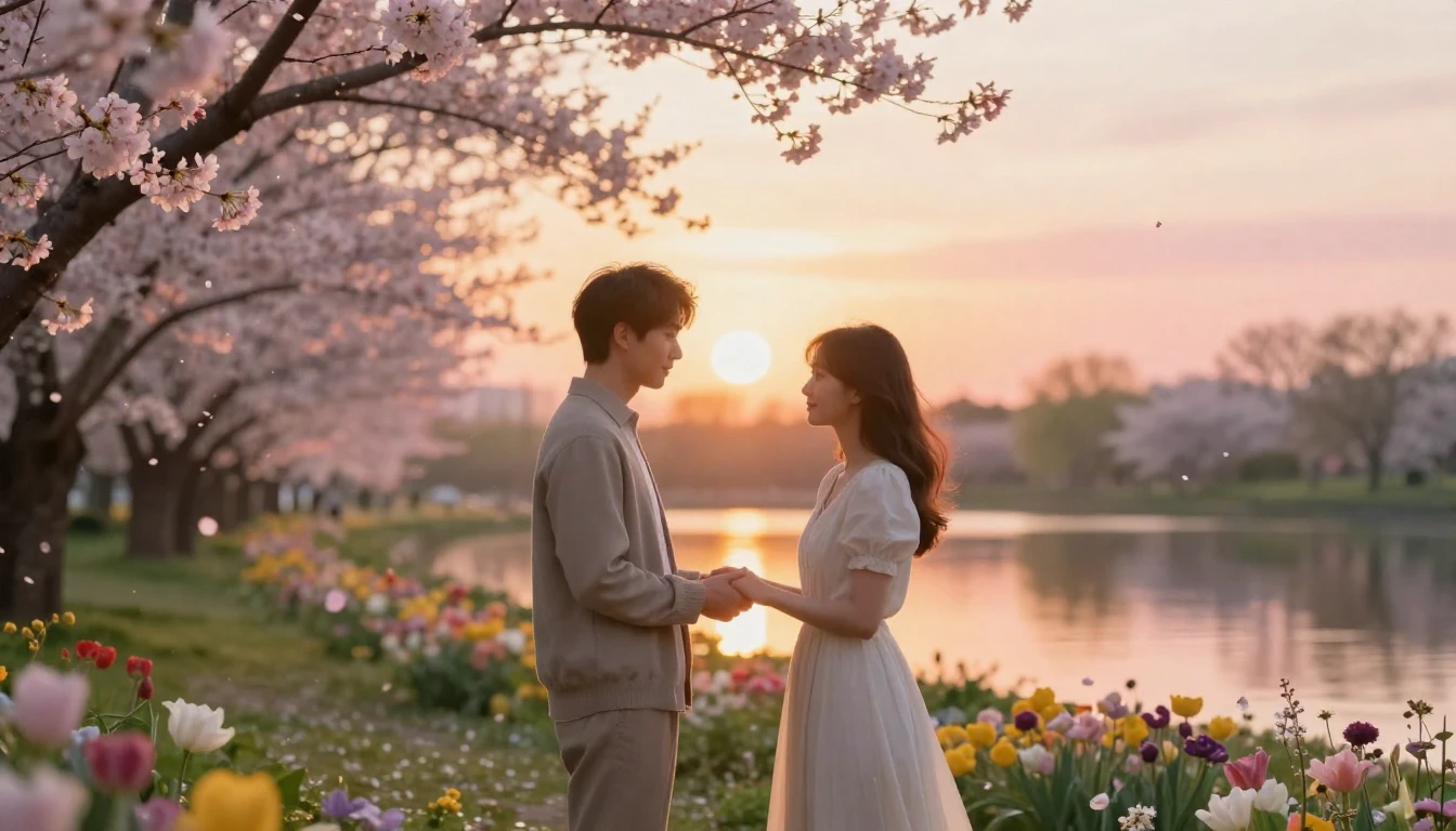 A dreamy and romantic scene of a couple standing in a lush, ...