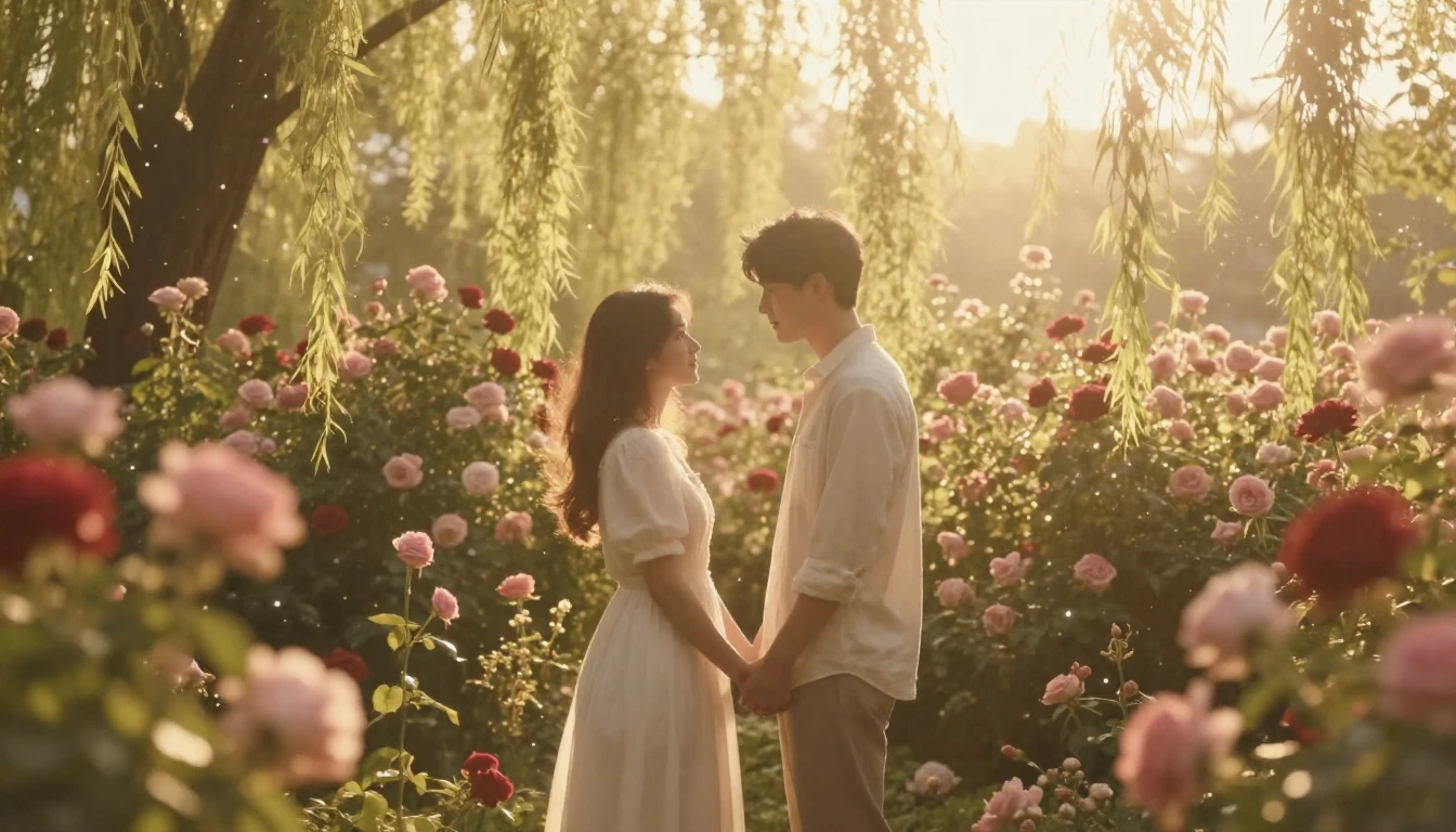 An ethereal and romantic scene featuring a loving couple sta...
