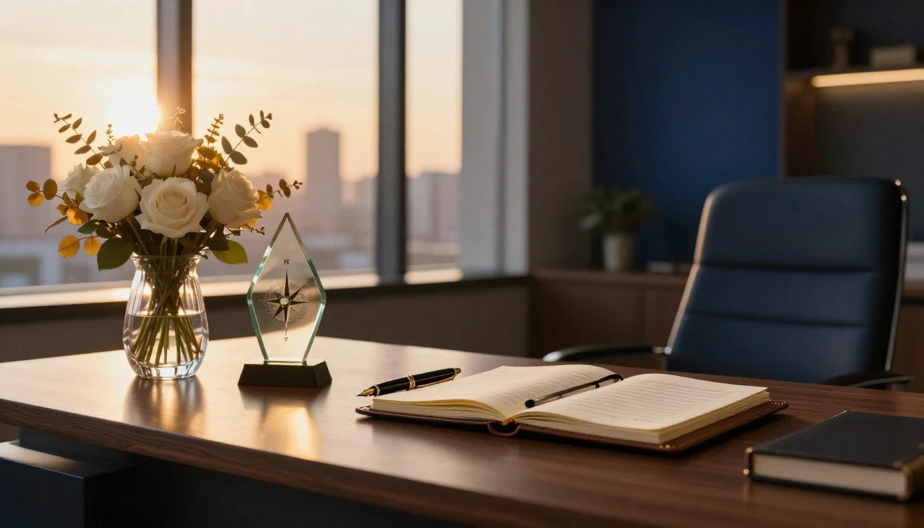 A sophisticated and elegant office desk scene during a golde...
