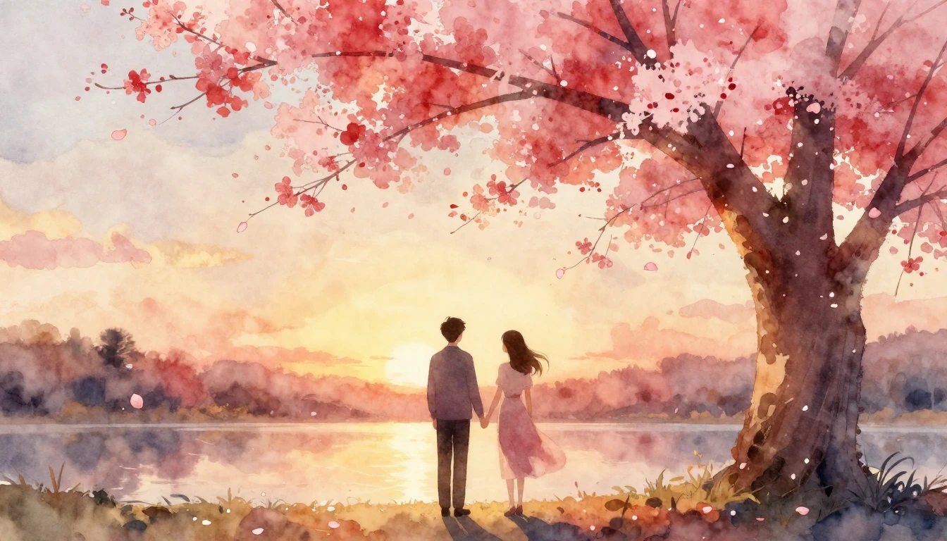 A romantic and ethereal watercolor illustration of two lover...