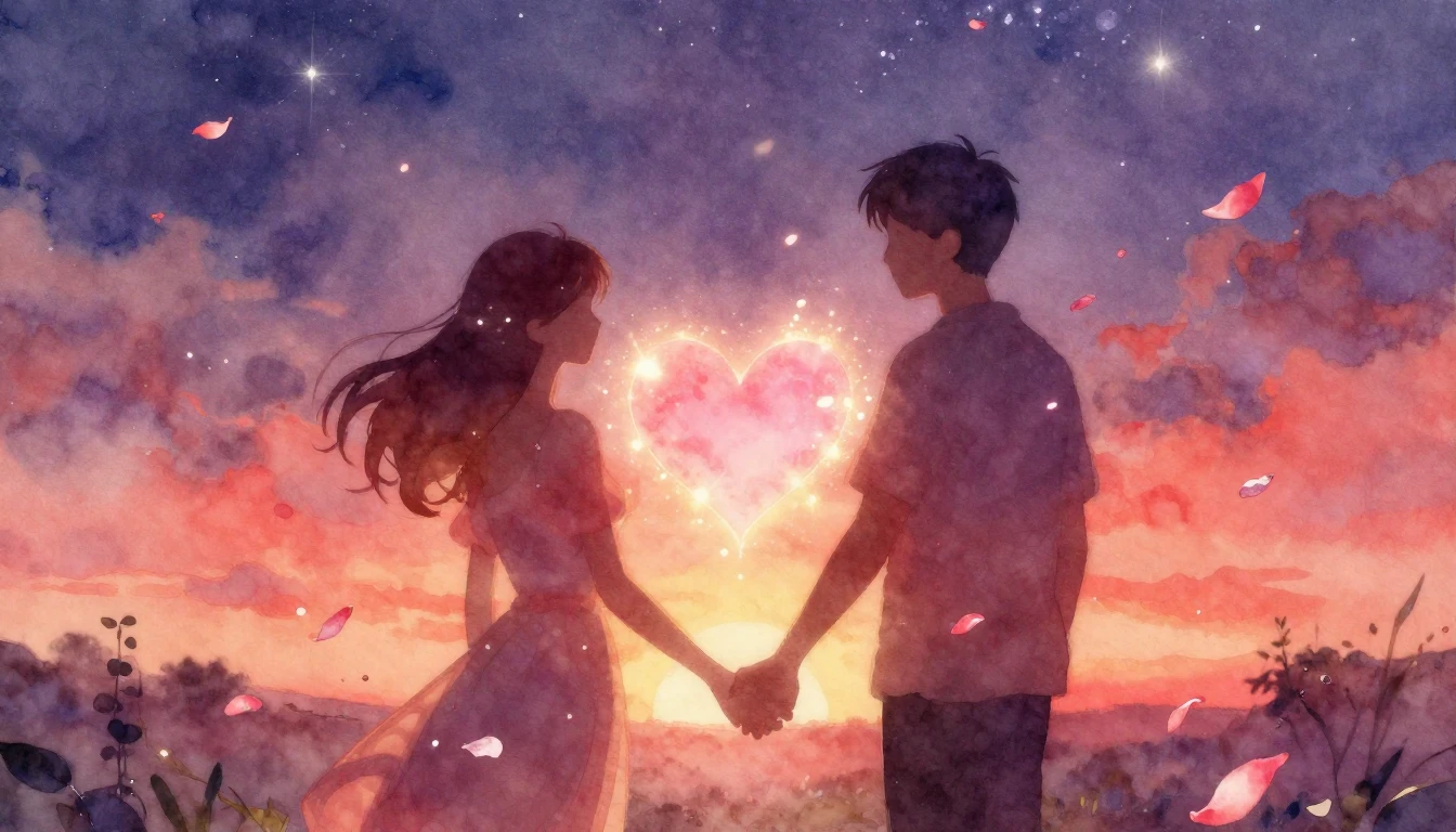 A soft and dreamy watercolor painting depicting two silhouet...