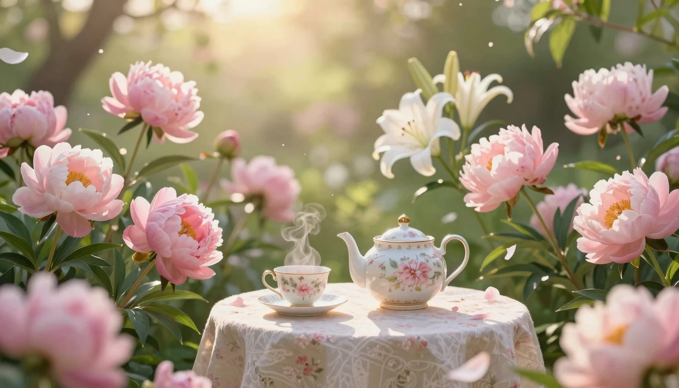 A beautiful, serene scene of a blooming spring garden filled...