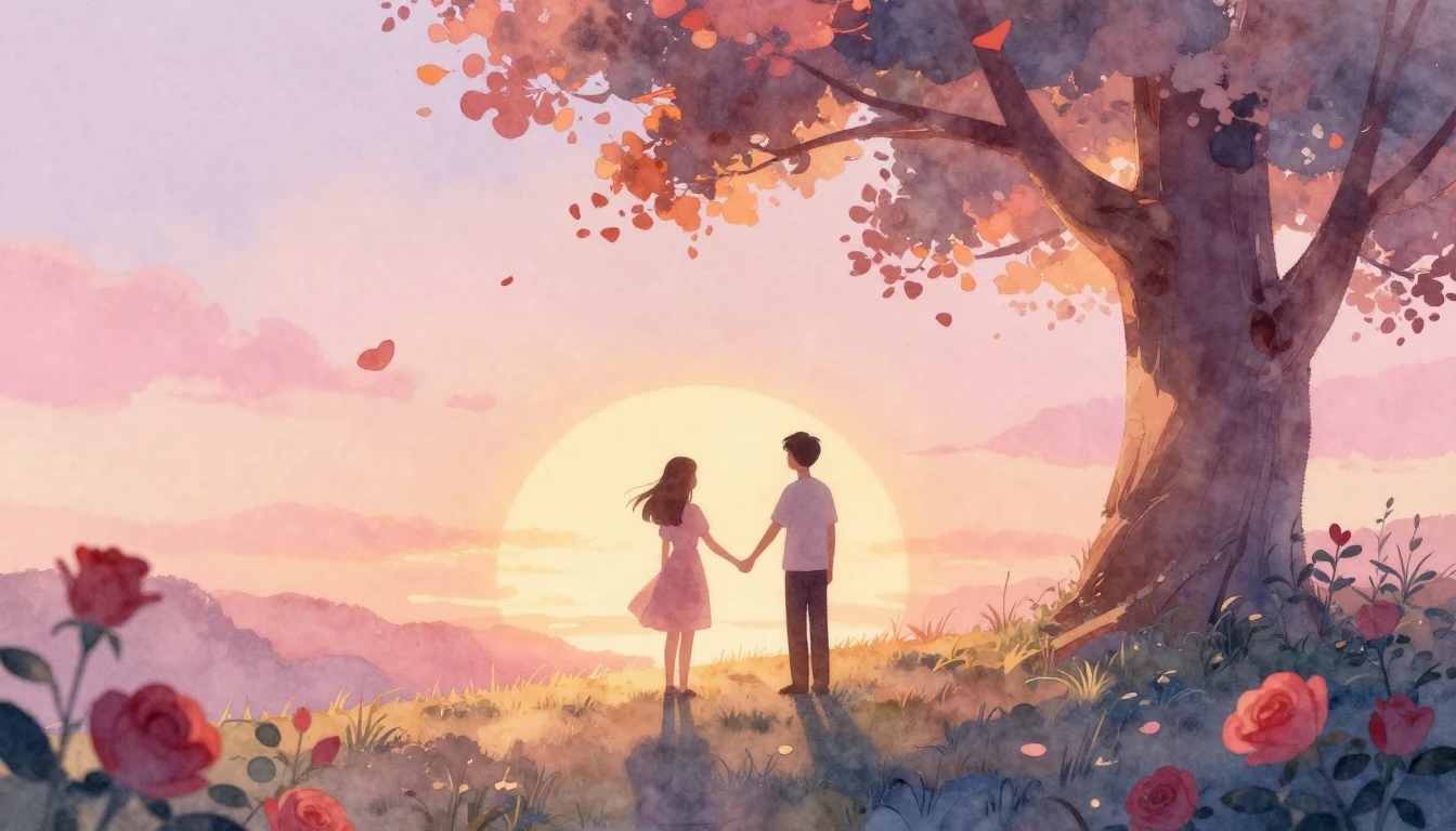 A soft and dreamy watercolor illustration depicting a pair o...