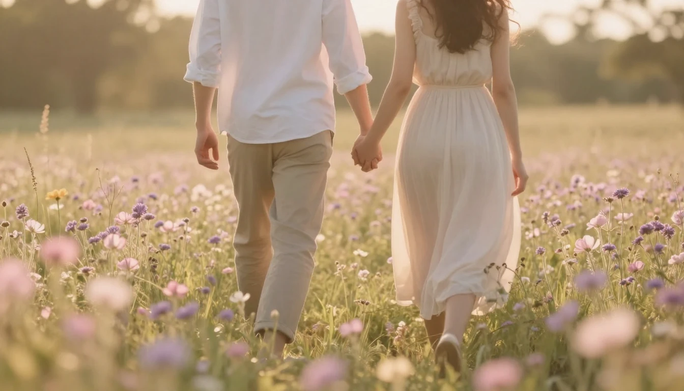 A dreamy and romantic scene featuring two figures walking ha...