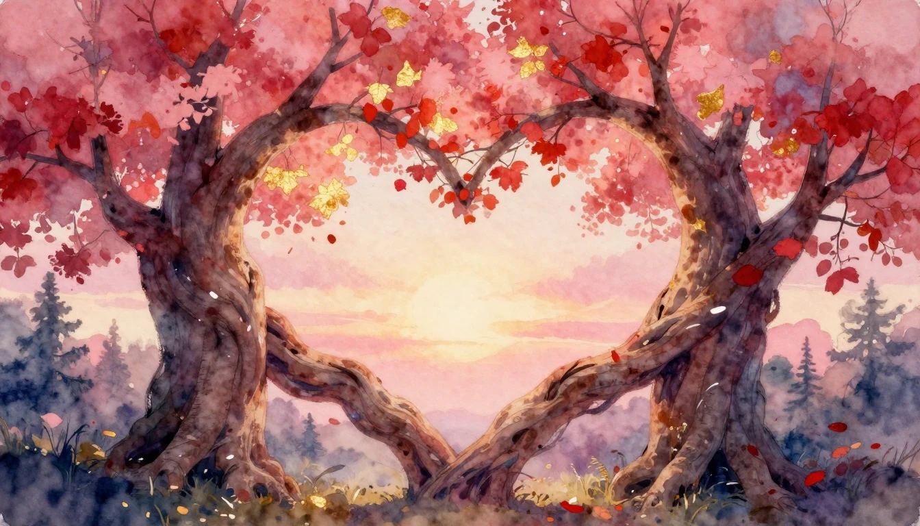 A romantic and dreamy watercolor painting depicting two larg...