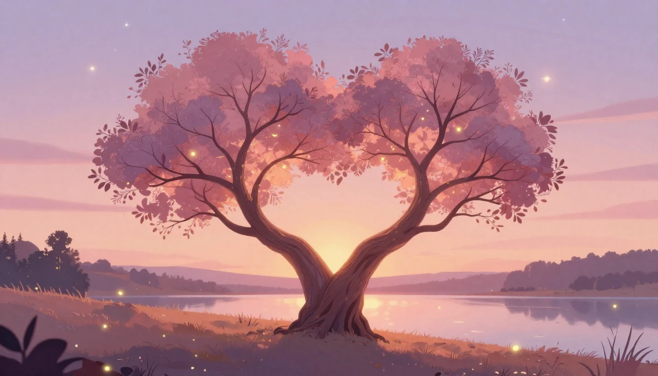 A warm, romantic illustration featuring two intertwined tree...
