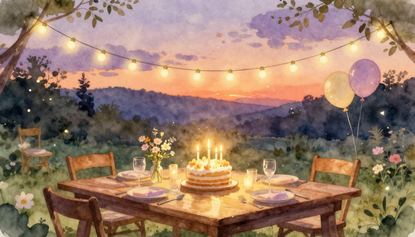 A warm and celebratory scene featuring a cozy outdoor garden...