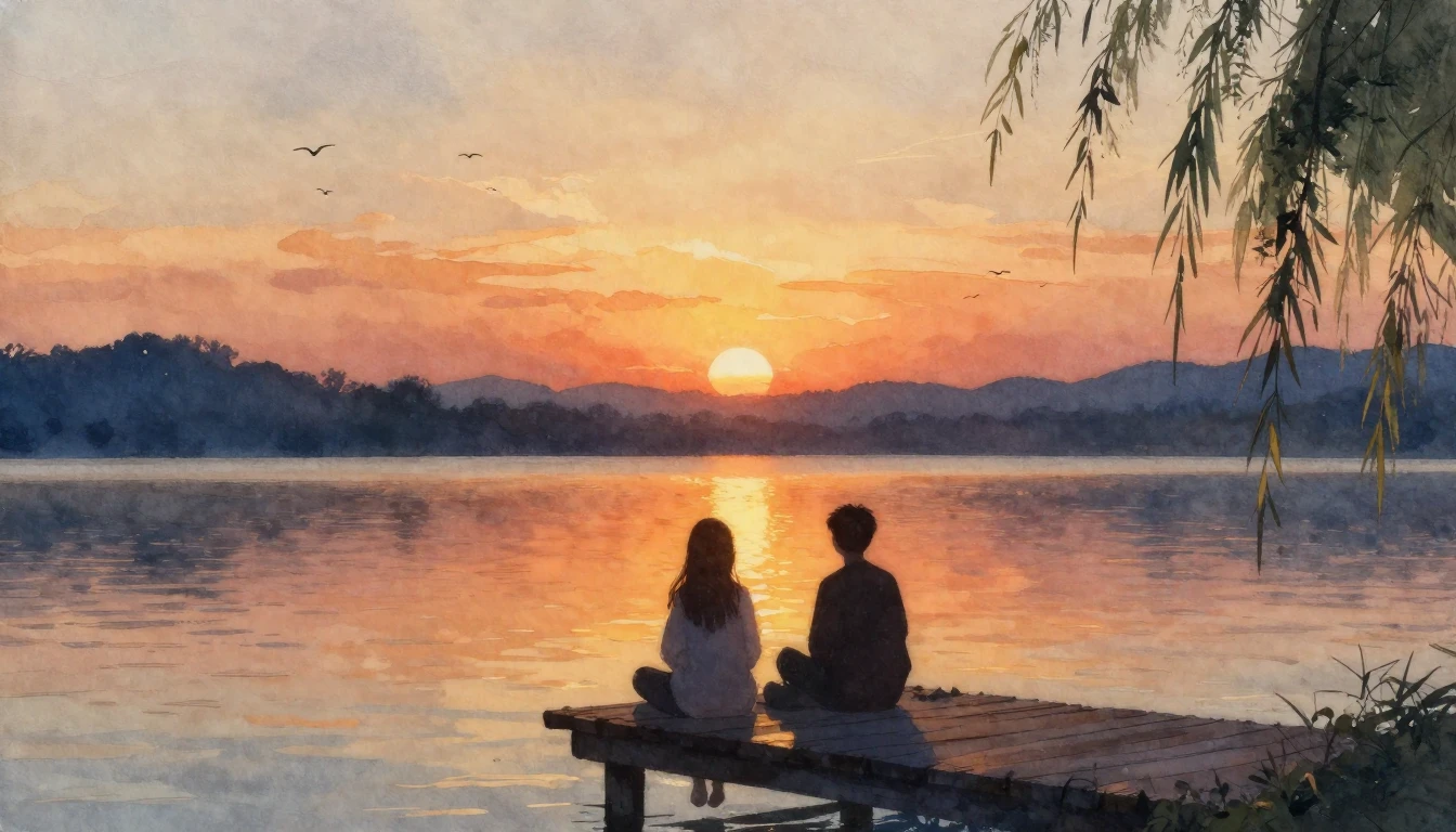 A warm and cozy watercolor painting depicting a serene lakes...