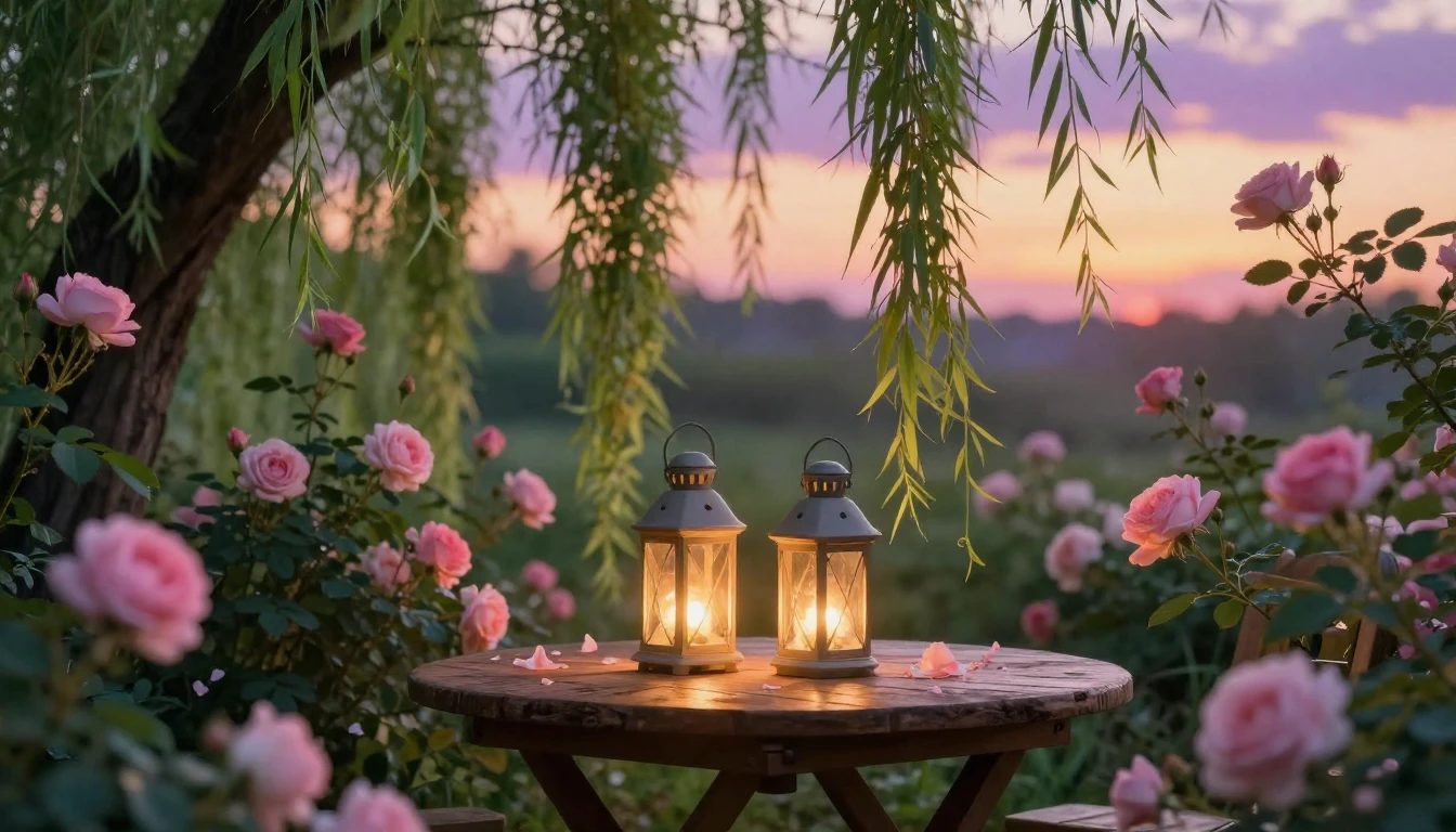 A romantic and serene secret garden during the golden hour o...