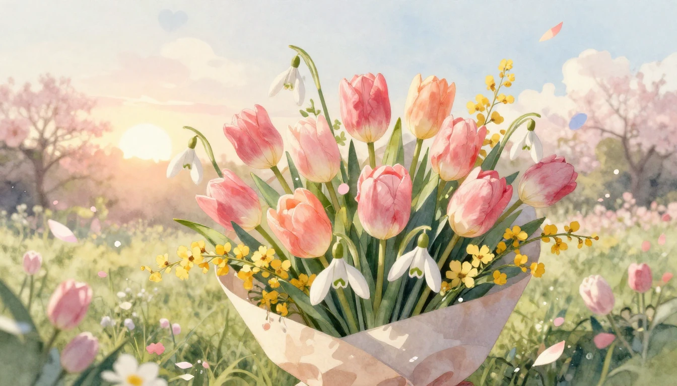 A soft and dreamy watercolor painting depicting a lush bouqu...