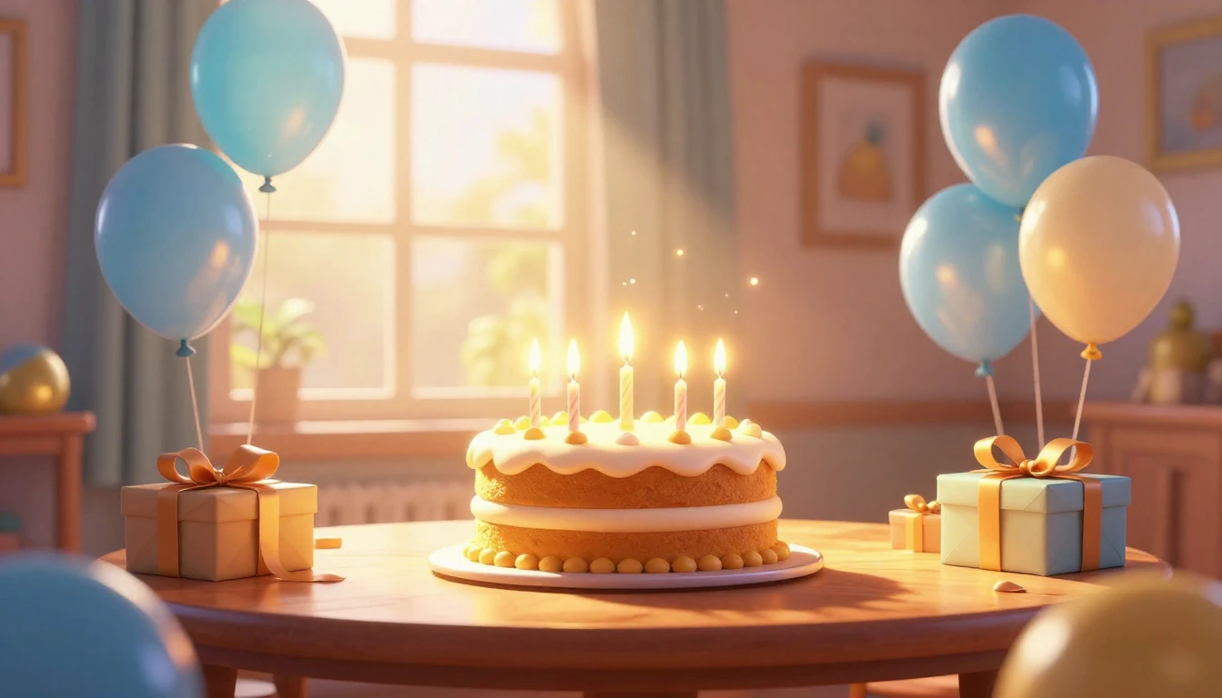 A heartwarming 3D animation style illustration of a cozy, su...