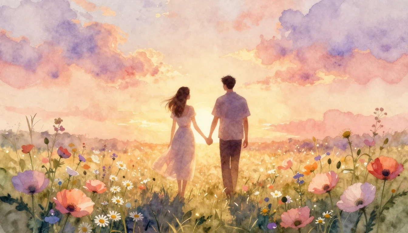 A dreamy and ethereal watercolor painting of two silhouettes...