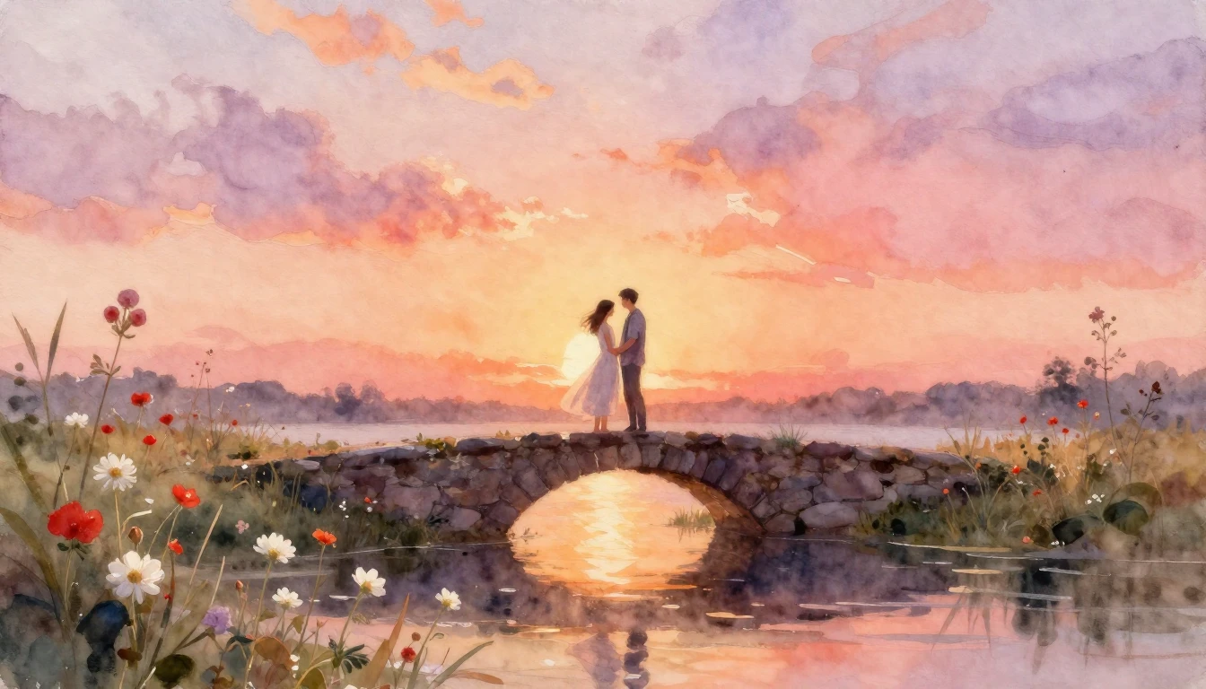 A romantic and ethereal watercolor painting of a couple stan...
