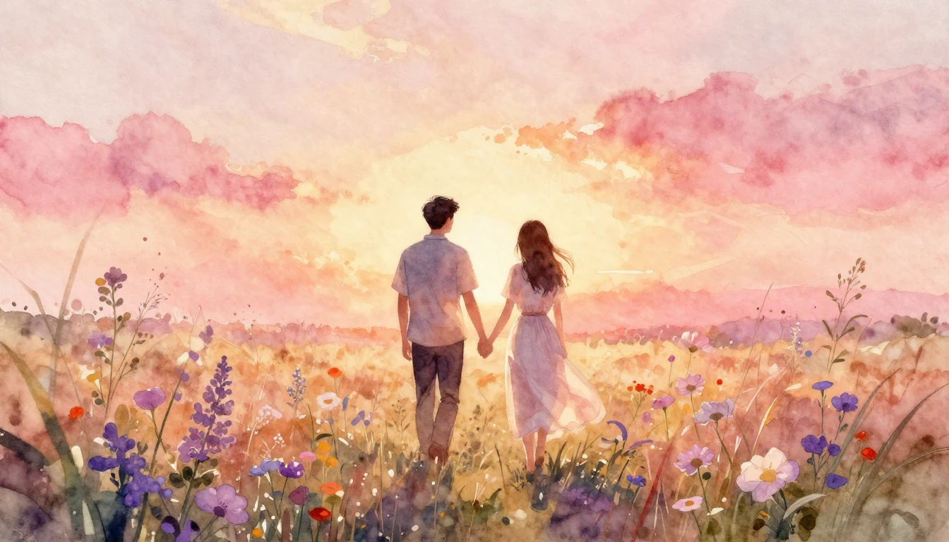 A dreamy and romantic watercolor painting of a couple walkin...