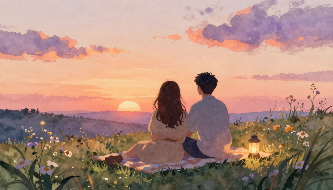 A warm and nostalgic outdoor scene during golden hour. Two c...