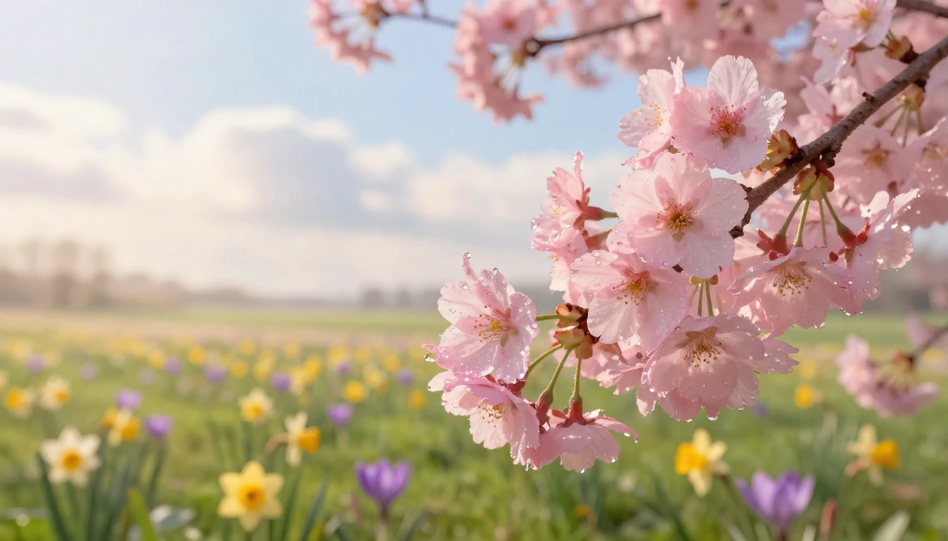A soft and ethereal spring landscape bathed in warm, golden ...