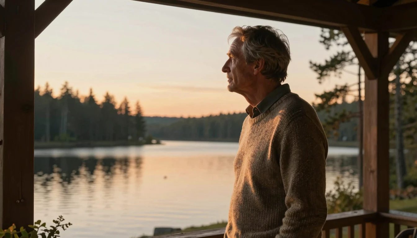 A heartwarming cinematic scene featuring a mature man standi...