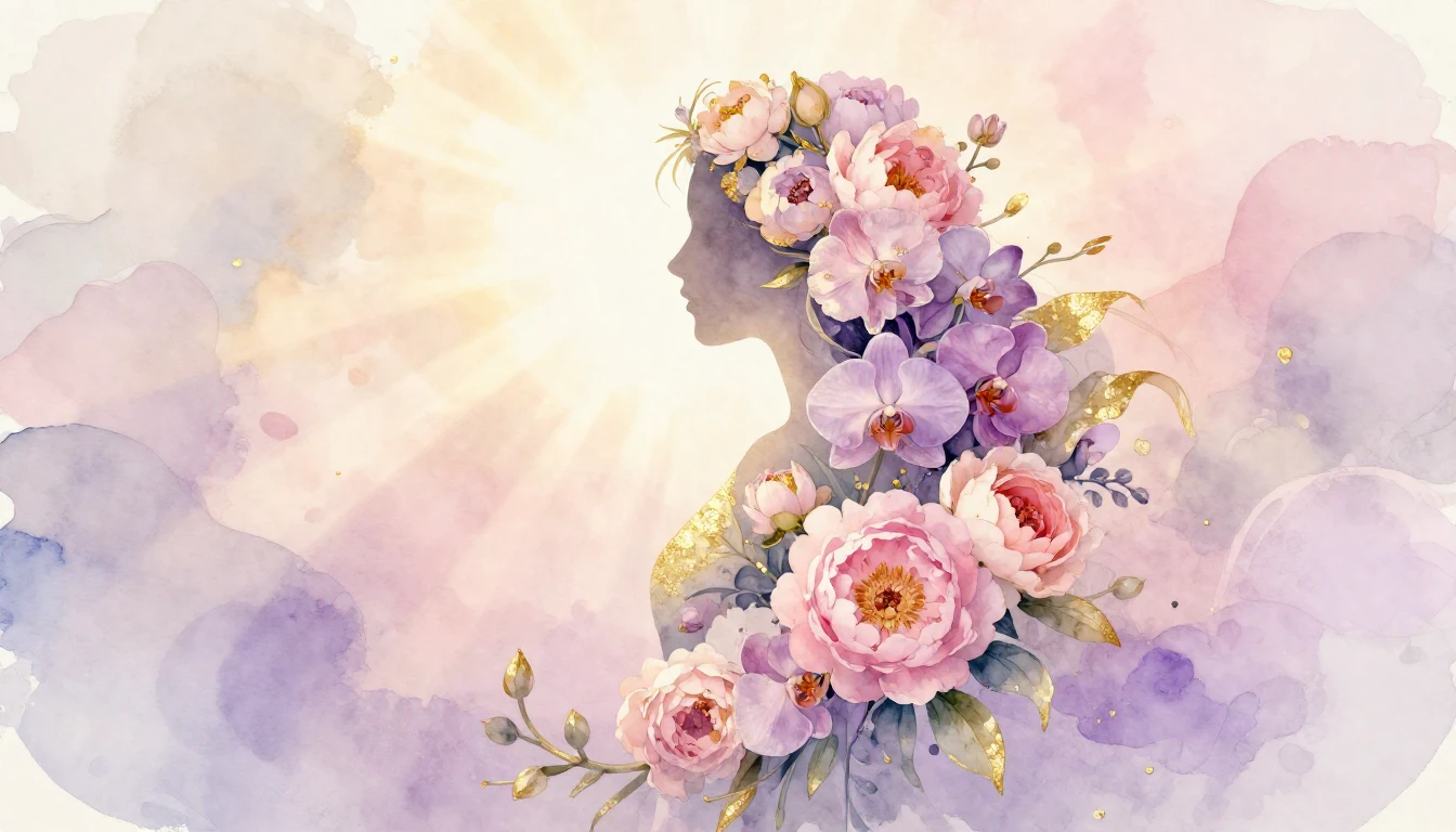 A whimsical and soft watercolor composition representing fem...